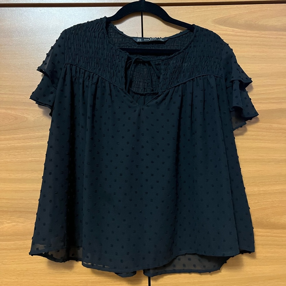 Zara Short Sleeve Babydoll Black Blouse Size XS